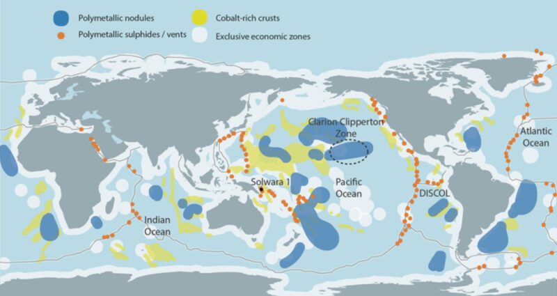 Distribution of the different styles of mineral deposits of importance for the deep sea mining industry