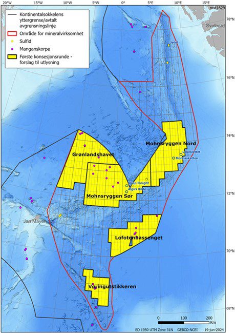 Area opened for mining activities (red) with proposed blocks available in the first licensing round (yellow)