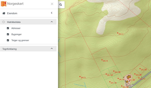 Property boundaries visible on Norgeskart