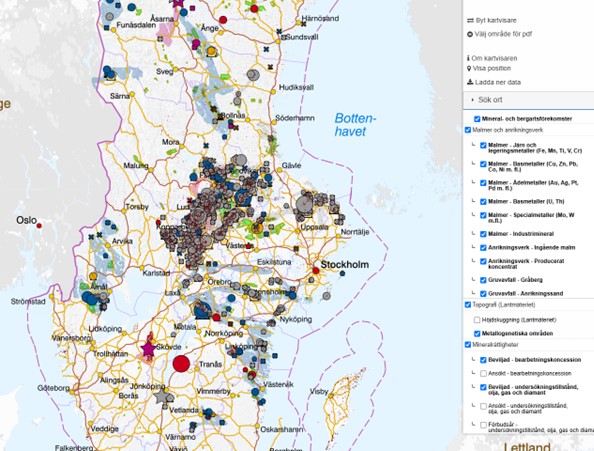 SGU Map viewer interface. Exploration permits in green with known mineral occurrences plotted as colored dots. Source: (apps.sgu.se)