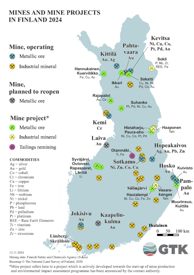 Active mining operations and advanced stage projects in Finland, stand 13.11.2024 (gtk.fi)