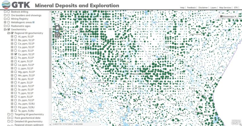 Snapshot of the survey’s map viewer, showing regional till geochemistry for copper. Source: (gtkdata.gtk.fi)