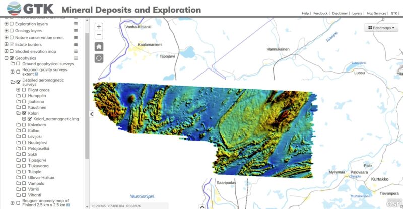 Snapshot of the survey’s map viewer. Available geophysical data can be visualized in the viewer. Source: (gtkdata.gtk.fi)