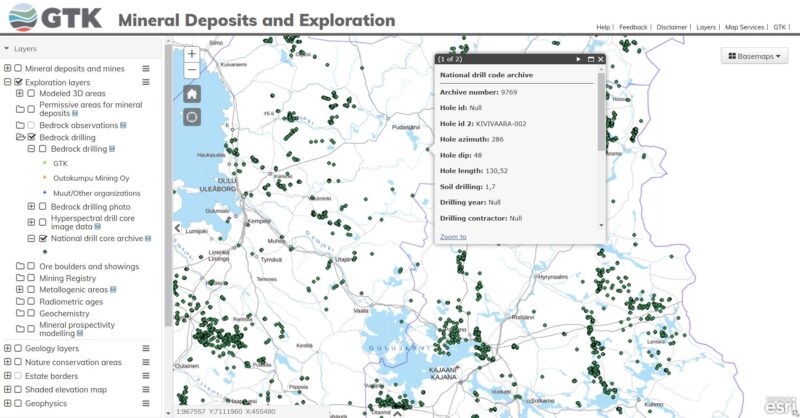 GTK’s map viewer with the bedrock drilling layer. Source: (www.gtkdata.gtk.fi)