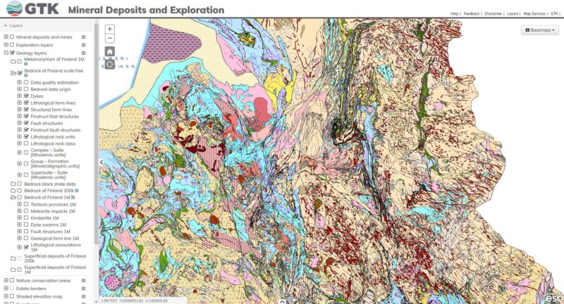 GTK map viewer showing the bedrock map of Finland. Source: (gtkdata.gtk.fi)